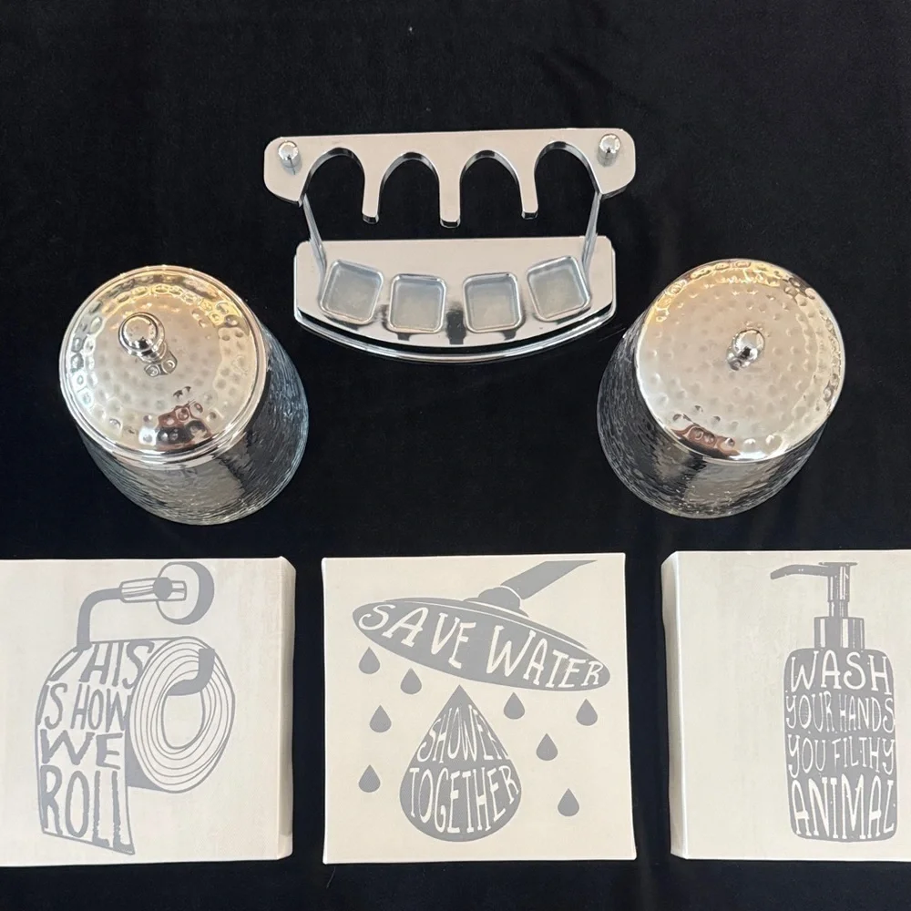 Silver Bath Accessory Set and Wall Art